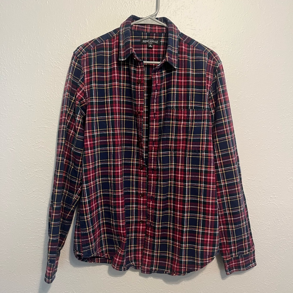 J Crew Mercantile Flex Men’s Flannel Button Down Shirt Medium Red Elbow Patches